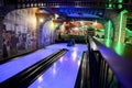 Kartuzy, Poland - November 22, 2017: Bowling alley with neon lights in the hotel building