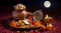 Karwa Chauth ritual setup under a full moon night Royalty Free Stock Photo