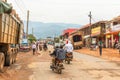 Kasese / Uganda - February 28, 2020: African busy crowd of people walking in main street Uganda.