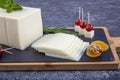 Kashar cheese or kashkaval cheese. Sliced Cheddar Cheese. gourmet cheese. local name taze kasar peyniri Royalty Free Stock Photo