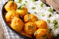 Kashmiri dum aloo: spicy potato with rice closeup on the pan. Ho