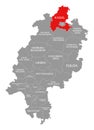 Kassel county red highlighted in map of Hessen Germany