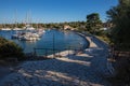 KASTOS island, GREECE-JULY, 2020. Port of Kastos island with moored yachts, sailboats - Ionian sea, Greece in summer. Royalty Free Stock Photo