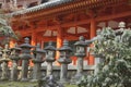 Kasuga-Taisha temple, torii, cherry blossoms and stone lanterns in Nara in Japan Royalty Free Stock Photo