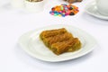 Kataifi baklawa on plate and tea