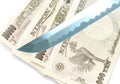 Katana Japanese samurai sword blade on yen banknotes