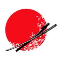 Katana sword and cherry tree blossom against red sun