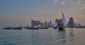 Traditional dhows in Arabic gulf in Doha Qatar Sunset Shot Royalty Free Stock Photo