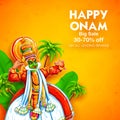 Kathakali dancer on advertisement and promotion background for Happy Onam festival of South India Kerala Royalty Free Stock Photo