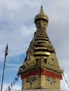 Vertical view of a stupa with the eyes of the Buddha in the Swayambhunath Temple, the monkey temple. Kathmandu, Nepal Royalty Free Stock Photo