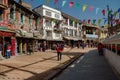 Kathmandu, Nepal - December 29, 2011: Street around Stupa in Boudhanath Stupa (Bodnath Stupa) temple in Kathmandu, Nepal. The Royalty Free Stock Photo