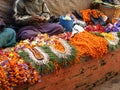 Kathmandu,Nepal-January 28:Close up of street vendor selling marigold flower by the roadside,January 28,2009 in Kathmandu Nepal.