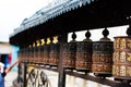 Prayer wheels at the Monkey temple Swayambhunath Stupa complex, Kathmandu, Nepal. Royalty Free Stock Photo