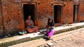 KATHMANDU, NEPAL - JUNE 2013: local women knitting at street