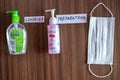 Kathmandu, Nepal - March 8 2020: A Bottle Of Dettol Hand Sanitizer, Alcohol Scrub And A Disposable Paper Face Mask Placed On A