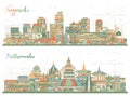 Kathmandu Nepal and Nagasaki Japan City Skyline set with Color Buildings. Illustration. Cityscape with Landmarks. Business Travel