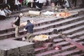 Nepal Hindu Temple people preparing dead bodies to be burned in a traditional funeral