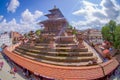 KATHMANDU, NEPAL OCTOBER 15, 2017: Aerial view of Durbar Square near the old Indian temples in Katmandu, fish eye effect