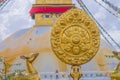 KATHMANDU, NEPAL OCTOBER 15, 2017: Close up of golden deers structure with Boudhanath Stupa building at outdoors, with Royalty Free Stock Photo