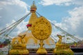 KATHMANDU, NEPAL OCTOBER 15, 2017: Close up of golden deers structure with Boudhanath Stupa building at outdoors, with Royalty Free Stock Photo