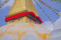KATHMANDU, NEPAL OCTOBER 15, 2017: Top view of eyes of the budha in Boudhanath Stupa building at outdoors, in Kathmandu