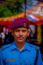 KATHMANDU, NEPAL - SEPTEMBER 04, 2017: Portrait of a Guard from the Nepalese Army posing for camera at the enter of