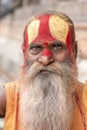 Portrait Sadhu man at Pashupatinath Temple in Kathmandu, Nepal, close up face