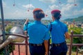 KATHMANDU, NEPAL - SEPTEMBER 04, 2017: Portrait of two women guards giving a back to the camera, from the Nepalese Army