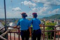 KATHMANDU, NEPAL - SEPTEMBER 04, 2017: Portrait of two women guards giving a back to the camera, from the Nepalese Army