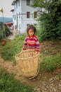 Kathmandu, Nepal - September 22, 2016: Unidentified Nepalese little girl carrying a basket in her village Nepal