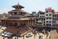 Kathmandu`s main attraction is Durbar Square with the royal palace, architecture, carved wooden figures and people walking. UNES