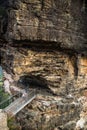 Bridge to rock formation Three Sisters with hiker looking down, Katoomba, New South Wales, Australia Royalty Free Stock Photo