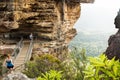 Bridge to rock formation Three Sisters with hikers looking into the valley, Katoomba, New South Wales, Australia Royalty Free Stock Photo