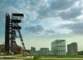 KATOWICE, POLAND -April 22, 2018: Centre of Katowice city. Modern buildings of Silesian Museum and old mine shaft