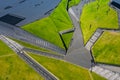 Katowice city center architecture. Aerial view of green grass terraces. Upper Silesia, Poland