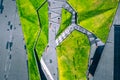 Katowice city center architecture. Aerial view of green grass terraces. Upper Silesia, Poland