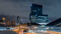 Katowice, Poland - February 03, 2023: Winter, evening panorama of the city of Katowice. Illuminated buildings of a developing and