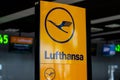 Katowice, Poland - March 11, 2021: Lufthansa check-in at the airport terminal Royalty Free Stock Photo