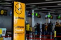 Katowice, Poland - March 11, 2021: Lufthansa check-in at the airport terminal Royalty Free Stock Photo