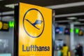 Katowice, Poland - March 11, 2021: Lufthansa check-in at the airport terminal Royalty Free Stock Photo