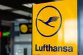 Katowice, Poland - March 11, 2021: Lufthansa check-in at the airport terminal Royalty Free Stock Photo