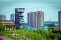 Cityscape of Katowice with old and modern buildings, coal mine shaft and Silesian Museum Complex Royalty Free Stock Photo