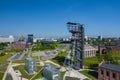 KATOWICE, POLAND - MAY 27, 2020: The modern buildings of Silesian Museum accompanied by a shaft of the former coal mine