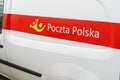 Katowice, POLAND - October 20, 2022: Logotype of Poczta Polska on the white van. The biggest post office in Poland.