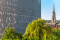 Katowice, Silesia, Poland June 4, 2021: Close-up on the office building in modern business center against city scape