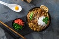 Katsudon rice topped with fried pork, japanese cuisine