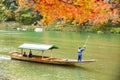 Katsura Tourist Sightseeing Boat in Hozugawa river in Autumn, Arashiyama, Kyoto, Japan