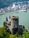 Katz Castle in Germany along the Rhine River with a town in the