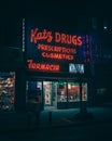 Katz Drugs vintage sign at night, Brooklyn, New York