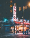 Katzs Delicatessen at night, in the Lower East Side, Manhattan, New York City